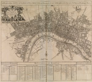 Plán města Londýna, Westminsteru, čtvrti Southwark a řeky Temže od Unknown artist