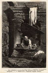Švec, který si zřídil svůj obchod a pracuje ve starověkých ruinách. Engravure pour illustrrer le voyage à Rome, Francis Wey, v letech 1864-1868, publikovaná v “”Le tour du monde”””” 1869, editoval Edouard Charton, vydání Hachette, Paříž. Kolekce Selva. od Unknown artist