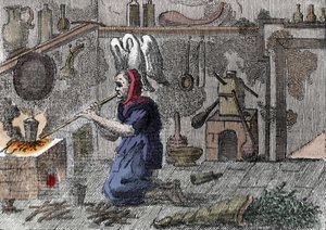 Čarodějnice ve své laboratoři připravuje kouzelný lektvar, přímo roh plný kouzelných bylin. Rytina 16. století od Unknown artist