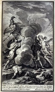 Achilles, zakrytý svými novými zbraněmi, důsledně zaútočil na Trojany, se vzteky vrhl na Hectora, kterého byl připraven ke své nelibosti zabít, ale Apollo ho zakryl hustým mrakem, aby toto nebezpečí způsobil. Ilustrace knihy od Unknown artist