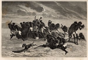 Poté, co si dav vzal svůj díl a podíl připsaný vůdci kmene Hamranů, brutálně bojuje o zbývající kusy. Rytina pro ilustraci průzkumu habešských přítoků Nilu od sira Samuela W. Bakera v roce od Unknown artist