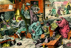 Alchymistická laboratoř Alchymista konzultující grimoár. Rytina soukromé sbírky 16. století od Unknown artist