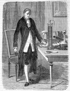 Alessandro (Alexandre) Volta postavil v roce 1799 elektromotor nebo elektrickou baterii - rytina od Unknown artist
