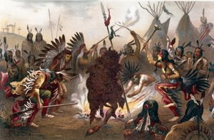 Rituál amerických indiánů (Indiáni na pláních jižní Dakoty): Siouxský válečný tanec. chromolitograf z „“The human race““ od Ratzela, přibližně 1890 od Unknown artist