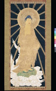 Amitabha (Amida) Triáda sestupující z nebe (pigment na konshi (modrý rýžový papír)) od Unknown artist
