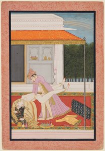 Zamilovaný pár, pravděpodobně Raja Mahendra Pal z Basohli (r. 1806–13) s oblíbenou královnou od Unknown artist