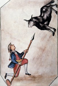 Indián ukazující z kopí na býka, z knihy „Trujillo of Peru“ nebo „Codex Martinez Companion“, od Baltazara Martineze Companiona a Bujandy, biskupa z Trujillo (1782-1785) od Unknown artist