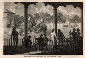 Sloní zápas v Baroda (nebo Vadodara), stát Gujarat na severovýchodním pobřeží Indie. Rytina k ilustraci plavby Rajahů v Indii od Louise Rousseleta v letech 1864-1868, publikovaná v „“Le tour du monde“““ 1870-1871, editoval Edouard Charto od Unknown artist