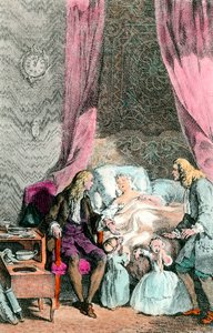 Lékař – pozorovatel Nemocná nebo již mrtvá žena je obklopena svou rodinou a lékařem. Děti jsou v slzách. Rytina kolem roku 1780. Paříž, Akademie medicíny od Unknown artist