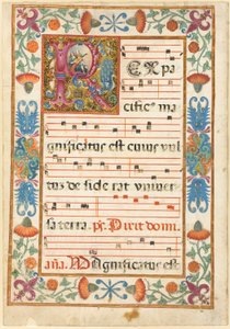 Anděl hrající na nástroj ve zdobené iniciále "R" s florou, faunou a groteskou z antifonáře od Unknown artist
