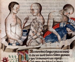 Obr Antaeus spouští Danta a Virgila na zmrzlou půdu kruhu zrady (píseň 31 z pekla, v Božské komedii) - miniatura 15. století od Unknown artist