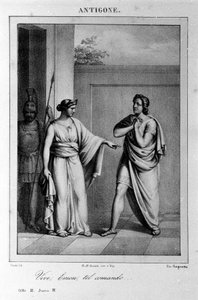 Antigona I. dějství, scéna 3. Italská tragédie Vittoria Alfieriho napsaná v roce 1783 podle řecké mytologie. Rytina 18. století. od Unknown artist