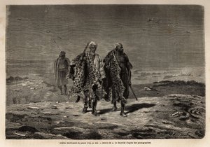 Arabští beduíni, obchodníci s panterskými kůžemi a ovčí vlnou na cestě k pochodu do Bagdádu (Irák). Engravure pour illustrrer le voyage dans la Babylon, en 1866, Guillaume Lejean, v „Le tour du monde, nouveau journal des voyages““ publikovaném pod dire od Unknown artist