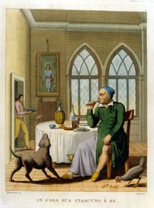 "Doma je každý králem." Ilustrace ze sbírky přísloví 18. století od Unknown artist