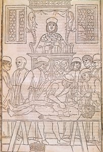 Pitva. Codice. Tělo mrtvého muže pitvají lékaři pro studii anatomie. "" Fasciculus Medicinae ". Kodex lékařského svazku od Johannese Kethana od Unknown artist
