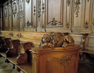 Barokní architektura: dřevěný stánek představující lva, atribut evangelisty sv. Marka. Sbor (18. století) kostela sv. Štěpána. Vnitřní pohled. Marmoutier, Bas Rhin (67). od Unknown artist