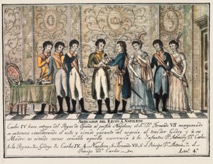 Bayonnův rozhovor v roce 1808 po povstání Aranjueze, kdy abdikace španělského krále Karla IV. postoupila trůn Napoleonovi I. před jeho synem Ferdinandem VII. (Fernando VII) od Unknown artist