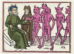 Belialův proces: „Beliálský démon doprovázený čtyřmi dalšími démony je přítomen soudci Solomonovi“ „Rytina z „Beliálského procesu““ od Jacobuse de Teramo (nebo Palladino), Ausburg od Unknown artist
