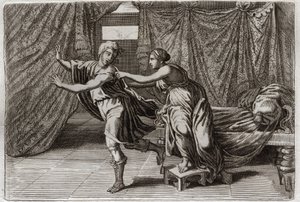 Bible of Royaumont, Starý zákon: Cudnost Josefova. Joseph vyžádaný manželkou Putifar (Pótifar) a uvězněn. Ilustrace z roku 1811. od Unknown artist