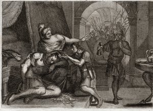 Bible of Royaumont, Starý zákon: Smrt Samsona. Samson zjistí Dalilu, že její síla byla v jejích vlasech. Ostříhá mu vlasy a přivede do místnosti filištínské vojáky. Ilustrace z roku 1811. od Unknown artist