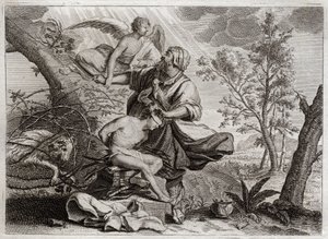 Bible of Royaumont, Starý zákon: Sacrifice of Abraham. Anděl drží Abrahamovu ruku před obětí jeho syna Izáka. Vlevo místo něj zabije belier Abraham. Ilustrace z roku 1811. od Unknown artist
