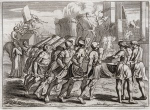 Bible of Royaumont, Starý zákon: Vzato z Jericha. Zdi Jericha padají k zemi za zvuku trubek kněží, kteří předcházeli Archu úmluvy Páně. Ilustrace z roku 1811. od Unknown artist