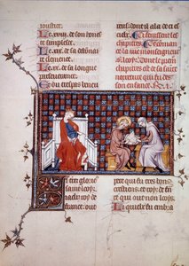 Blanche de Castille, královna Francie (1188-1252), řídila výchovu svého syna Ludvíka IX. (1214-1270) (Miniatura Saint Louis z rukopisu „Život a zázraky Saint Louis“ od Viléma ze Saint Pathus. 1320. Paříž , B.N. od Unknown artist