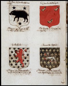 Blazony rytířů kulatého stolu: 1. Brallain, rytíř se dvěma houpačkami, 2. Rytíř Norgales, 3. Gallehault, 4. Amorate of Lystenois. sd. 19. století. od Unknown artist