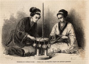 Pletení hedvábných provázků ve své dílně v Yedo (nebo Edo, dnešní Tokio); tyto copánky jsou velmi rozšířené, protože se používají k aranžování a udržování vojenských a civilních kostýmů (Japonci ignorují knoflík a sponu na zavazování oblečení). Engra od Unknown artist