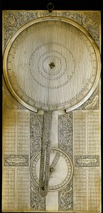 Mosazný přístroj známý jako „Jovilabe“ (Jovilabium) navržený po studiích o periodách satelitu Jupitera od astronoma Galilea Galileiho (Galilee) (1564-1642) kolem roku 1610. 1650-1700 Florencie, Istituto e Museo di Storia delle Scienze. od Unknown artist