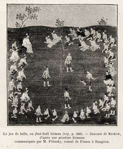 Barmský fotbal nebo míčová hra. Rytina z Krakova k ilustraci příběhu „Patnáct dní v Barmě“, od E.Cavagliona, v roce 1886, v Le tour du Monde 1892, režie Edouard Charton (1807-1891), Hachette, Paříž. od Unknown artist
