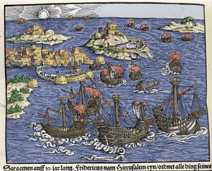 Dobytí Jeruzaléma saracénskými armádami v únoru 638. V „Den Noble Strict Best Fromen“““ od Johanna Stumpffa od Unknown artist