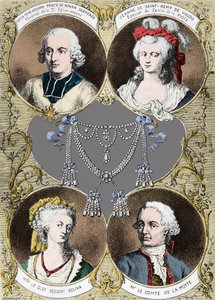 Případ náhrdelníku královny Marie Antoinetty - protagonisté případu: Louis Rene Edouard de Rohan (kardinál de Rohan), Jeanne de Valois Saint Remy (Valois-Saint-Remy), hrabě de la Motte a mademoiselle Le Guet d