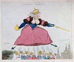 Catherine-II skok z Ruska do Konstantinopole přes evropské suverény, karikatura, konec 18. století od Unknown artist