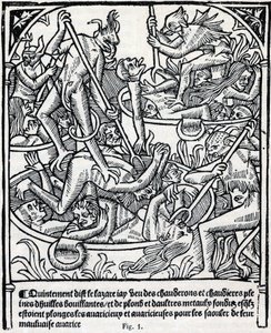 Kotle plné vroucího oleje a olova, do kterých čerti vrhají lakomce, aby je opili svým zlým chamtivým popisem pekelného Lazara. Prorocký almanach Fac simile du „Calendrier des Bergers““ vytištěný Claudem Nourrym v roce 1504 pro Jacquese Hugu od Unknown artist