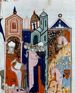 Ceremonie převzetí hábitu miniaturního mnicha z „Decret de Gratien““ („Concordia discordantium canonum“ nebo „Decretum Gratiani“) z roku 1140 a upravující zákony a kánony římskokatolické církve. Cesena Biblioteca malatesti ze 14. století od Unknown artist
