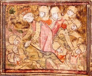 Karel Veliký (742-814) najde tělo svého synovce Rolanda, který zemřel v bitvě u Roncesvaux Miniature z „“Grandes Chronicles de France”” 1375-1379 Městská knihovna, Castres od Unknown artist