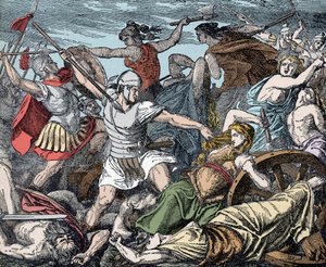Cimbrické ženy brání svou vozovou pevnost - Římský starověk, válka Cimbres: oběť cimbreských žen proti římským vojákům od Unknown artist