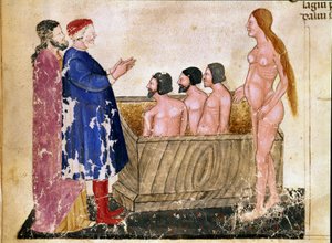 Kruh adulátorů: Dante a Virgil se setkávají s Alessiem Interminellim (nebo Intermineii), lordem z Luccy, a prostitutkou Thais. Osvětlená stránka ilustrující 18. píseň pekla z „Divina Commedia“ od Dante Alighieriho (1265-1321). 14. století, Benátky, od Unknown artist