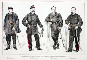 Velitelé mobilizovaných mírových jednotek (divizní inspektoři), zleva doprava: p. Foucault, p. Giobergia, p. Vassal, p. Archer. Eau forte en couleurs, pour ilustrační “” Histoire du corps des gardiens de la paix””” kniha vydaná pod záštitou od Unknown artist