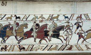 Dobytí Anglie vévodou z Normandie Williamem Dobyvatelem (1027-1087) v roce 1066: počátek bitvy u Hastings Detail tapisérie z Bayeux nebo výšivka královny Mathildy od Unknown artist