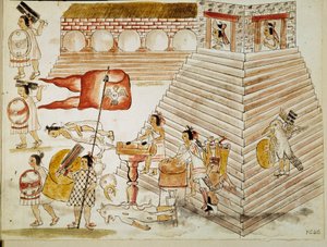 Dobytí Mexika: Zničení Tenochtitlanu, hlavního města Aztécké říše, armádami dobyvatele Hernana Cortese (1485-1547) 24. 6. 1520”” Miniatura z rukopisu od Unknown artist