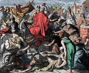 Konrád I. mladší postupující ke korunovaci - Konrád I. z Germanie (zemřel 918) byl v roce 911 korunním králem západní Francie - dřevořez Carl Ferdinand Obermann (1823-1910), od Unknown artist