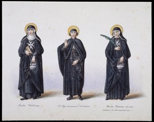Kostýmy: 1. Santa Ubaldesca, 2. St Ugo di Genova, 3. Santa Toscana di Vita. sd. 19. století. od Unknown artist