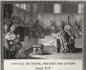 koncil v Troye dne 7. září 878. V květnu 878 přišel papež Jan VIII. ohrožený Saracény a italskými šlechtici, aby se uchýlil do Arles pod vedením vévody Bosona a jeho manželky Ermengarde. Doprovází ho v Troyes nebo pořádá velkou radu. od Unknown artist