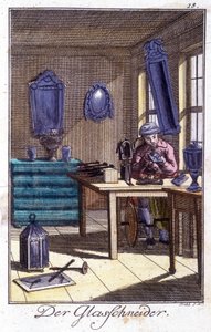 Řemeslné řemeslo: výrobce křišťálu ve své dílně. V „“ Komplexní popis umění a řemesel a workshopů pro mladé lidi“ od Johana Petera Vue. Ed. Norimberk, Weigel a Schneider od Unknown artist