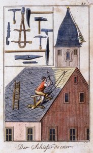 Řemeslné řemeslo: břidlicový pokrývač a jeho pracovní nástroje. V „“ Komplexní popis umění a řemesel a workshopů pro mladé lidi“ od Johana Petera Vue. Ed. Norimberk, Weigel a Schneider od Unknown artist