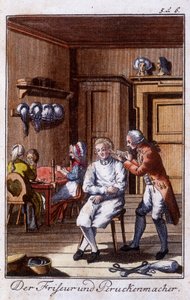 Řemesla: kadeřník a paruka v jejich dílně. V „“ Komplexní popis umění a řemesel a workshopů pro mladé lidi“ od Johana Petera Vue. Ed. Norimberk, Weigel a Schneider od Unknown artist