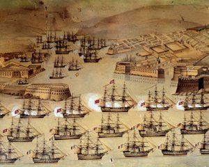 Krymská válka (1853-1856) mezi Ruskem a Osmanskou říší: Francouzi a Britové se spojili s Turky, aby obléhali ruský přístav Sebastopol od 17. října 1854 do 8. září 1855. Istanbul, Námořní muzeum od Unknown artist