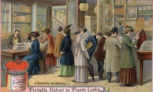 Zákazníci a knihkupec v moderním knihkupectví, konec 19. století. Chromolitografie, Liebigův snímek. od Unknown artist